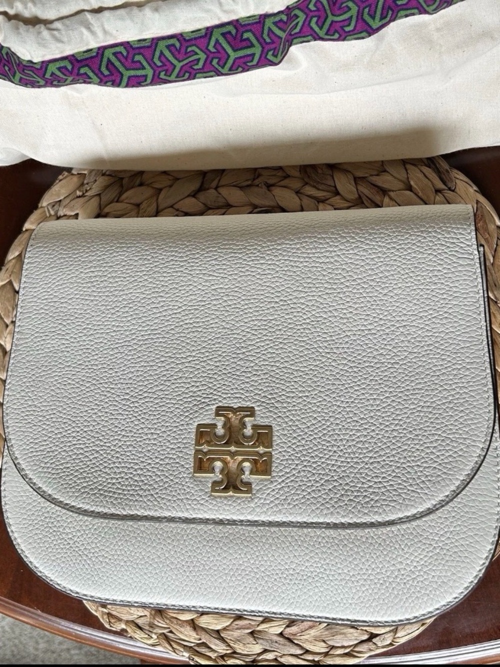 Tory Burch Cream Pebbled Leather Shoulder Bag with Gold Logo Hardware